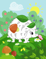 Coloring book page for preschool children with colorful background and sketch hedgehog for coloring