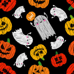 Seamless decorative vector background Happy Halloween. Pumpkins and Ghosts. Brushwork. Hand hatching. Textile rapport.