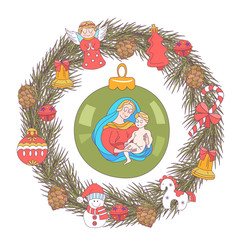 merry Christmas. Vector greeting card. Wreath of Christmas trees decorated with Christmas toys. The virgin Mary is holding the baby Jesus.
