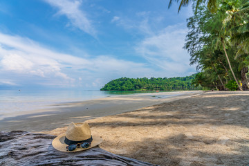 Beautiful Tropical Beach blue ocean background with Traveler items  vacation travel accessories for holiday or long weekend a guide  choice idea for planning travel