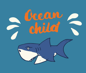 Cute Shark hand drawn sketch, T-shirt print design vector illustration