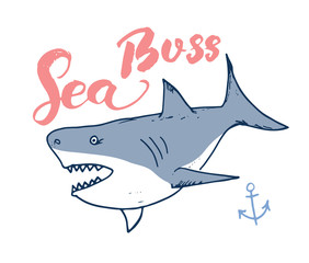 Cute Shark hand drawn sketch, T-shirt print design vector illustration