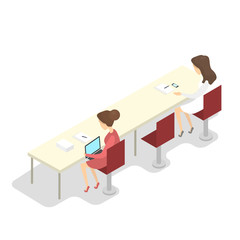 School girls doing homework with laptop isometric