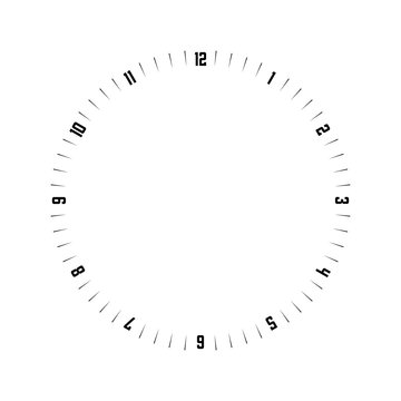 Clock face. Hour dial with numbers. Dashes mark minutes and hours. Simple flat vector illustration.