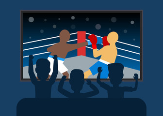 three men watching online boxing translation on tv