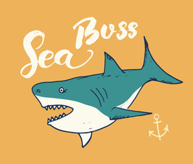 Cute Shark hand drawn sketch, T-shirt print design vector illustration
