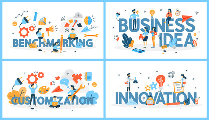 Set of business word with small people around