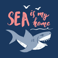 Cute Shark hand drawn sketch, T-shirt print design vector illustration