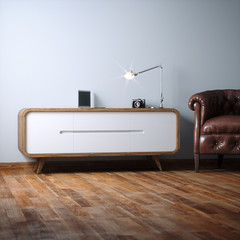 Vintage night stand wooden furniture in white interior 3D render