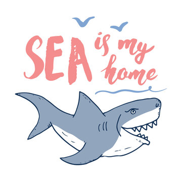 Cute Shark hand drawn sketch, T-shirt print design vector illustration