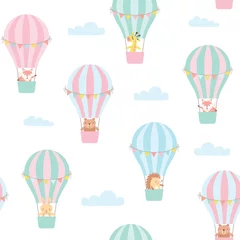 Foto op Plexiglas Dieren in luchtballon Naadloos patroon met schattige dieren in een heteluchtballon. vector illustratie