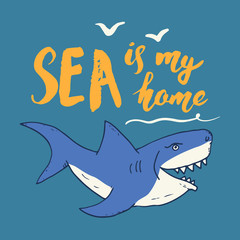 Cute Shark hand drawn sketch, T-shirt print design vector illustration