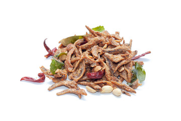 Crispy deep fried small fish on white background