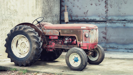 Closeup Shot of A Beautiful Red Vintage Tractor or Tracktor, Farm  / Agricultural Vehicle