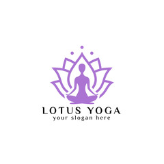 yoga logo design stock. human meditation in lotus flower vector illustration in purple color