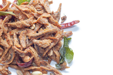 Crispy deep fried small fish on white background