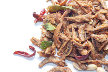 Crispy deep fried small fish on white background