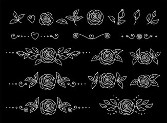 art hand drawn set of white rose flowers