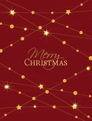 Vector illustration of a Christmas background. Merry Christmas card with golden stars. Gold decoration on red background
