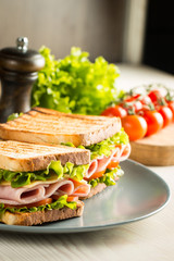 Close-up of two sandwiches with bacon, salami, prosciutto and fresh vegetables on rustic wooden cutting board. Club sandwich concept.