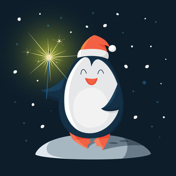Funny cute penguin in red Santa Claus hat