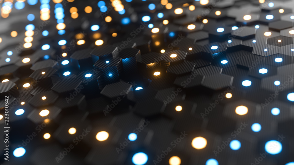 Poster abstract hexagonal geometric background. structure of lots of hexagons of carbon fiber with small gl