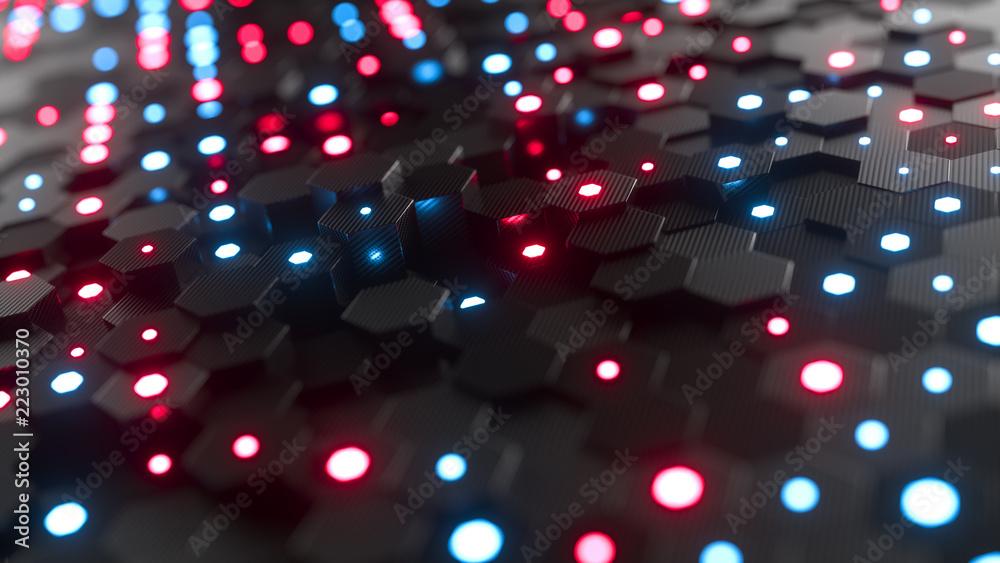 Poster abstract hexagonal geometric background. structure of lots of hexagons of carbon fiber with small gl