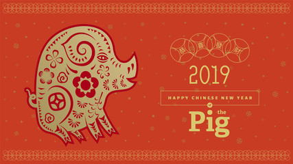 Vector illustration. 2019 Happy New Year design template, Asian Lunar Year. Hieroglyphs means congratulations on getting rich