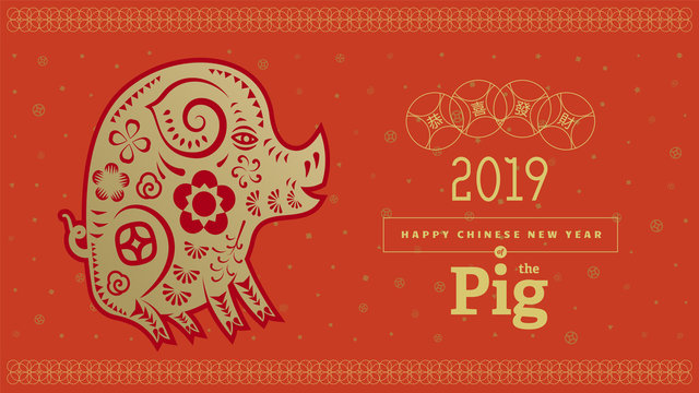 Vector illustration. 2019 Happy New Year design template, Asian Lunar Year. Hieroglyphs means congratulations on getting rich
