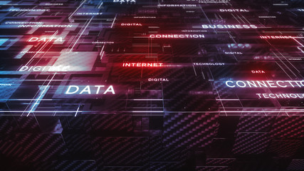 Digital cubic geometric structure. Connection concept. Lots of carbon fiber blocks with glowing lines and text information. Luminous bright cyber elements. Creative background. 3d rendering