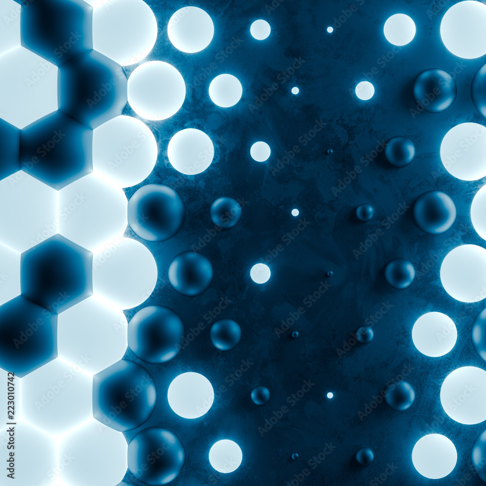 Poster background with set of hexagons turning into a spheres on grunge plane. creative honeycomb geometric