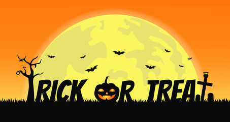 Trick or Treat Halloween with smile pumpkin devil in graveyard on full moon background