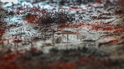 Gardinen Braun Abstrakte Stadtlandschaft von Metallwürfeln. Berge und Gebäude aus zufällig verstreuten quadratischen Säulen. Graph-Array digitaler Daten. 3D-Rendering  © S.Gvozd