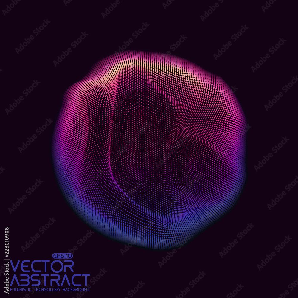 Poster Vector abstract sphere of particles, points array. Futuristic vector illustration. Technology digital splash or explosion of data points. Spherical waveform. Cyber UI or HUD element.