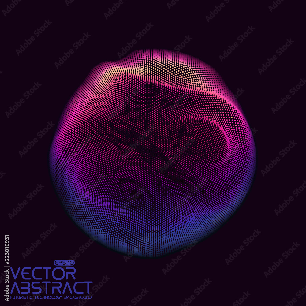 Poster Vector abstract sphere of particles, points array. Futuristic vector illustration. Technology digital splash or explosion of data points. Spherical waveform. Cyber UI or HUD element.