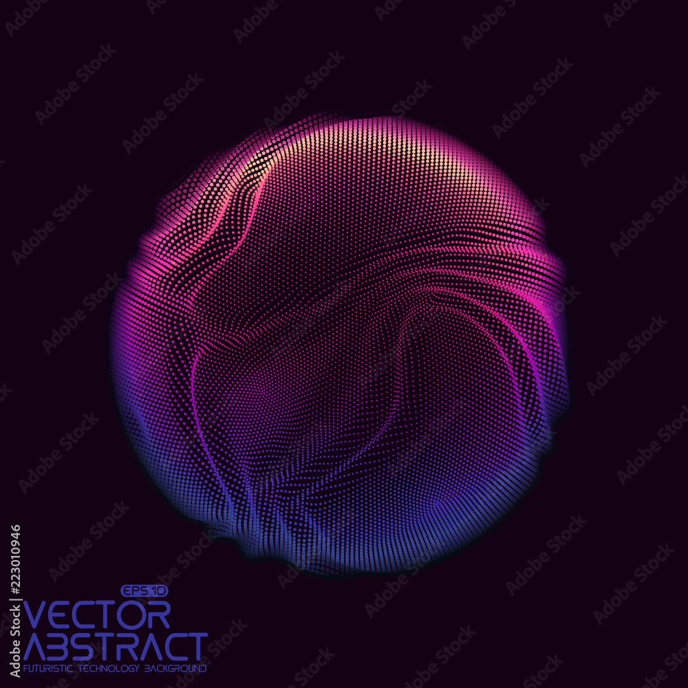 Poster Vector abstract sphere of particles, points array. Futuristic vector illustration. Technology digital splash or explosion of data points. Spherical waveform. Cyber UI or HUD element.