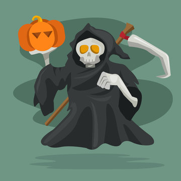 Cartoon character of grim reaper with pumpkin. Vector illustration, happy halloween.
