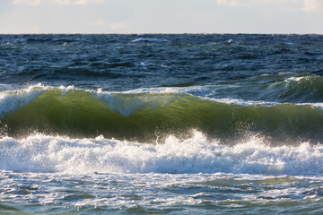 Sand beach and sea waves, Baltic sea seashore during sunset. Curonian spit, Kaliningrad region, Russia