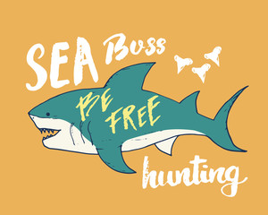Cute Shark hand drawn sketch, T-shirt print design vector illustration