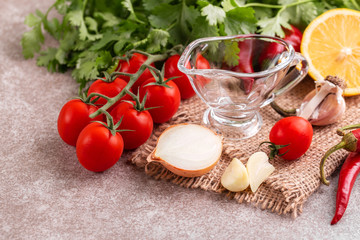 Indredients for traditional mexican red spicy sauce salsa