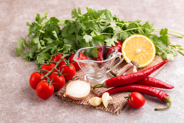 Indredients for traditional mexican red spicy sauce salsa