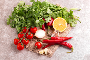 Indredients for traditional mexican red spicy sauce salsa