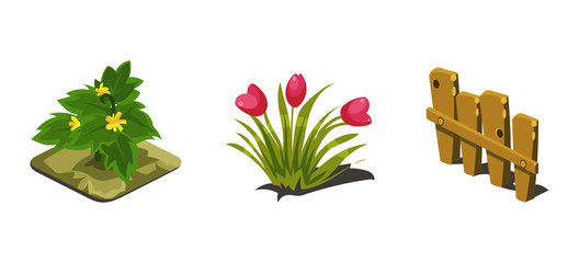 Garden flowers and fence, game user interface nature elements for video computer games vector Illustration