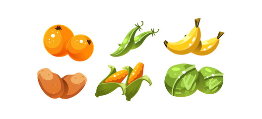Ripe glossy vegetables and fruits, orange, green peas, banana, potato, corn, cabbage, game user interface element for video computer games vector Illustration