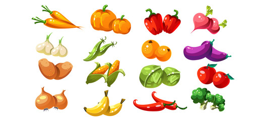 Ripe glossy coloful vegetables and fruits, game user interface element for video computer games vector Illustration