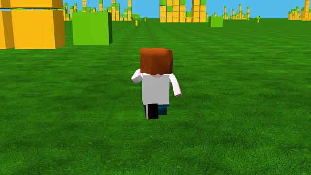 Online game character running through block styled 3D landscape
