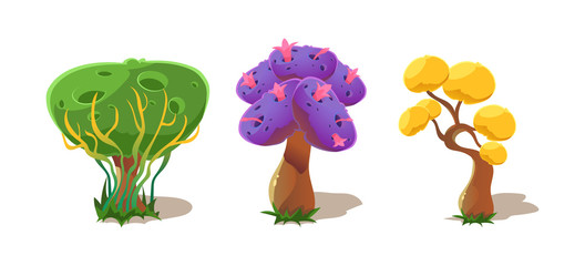 Fantasy trees, nature landscape elements for mobile or computer games vector Illustration