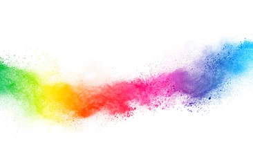 Wandcirkels plexiglas Abstract powder splatted background. Colorful powder explosion on white background. Colored cloud. Colorful dust explode. Paint Holi. © piyaphong