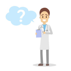 Male doctor in uniform standing and holding clipboard