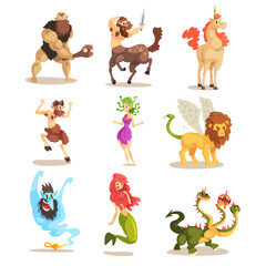 Obraz premium Ancient mythical creatures set, Cyclops, Centaur, Unicorn, Satyr Faun, Medusa Gorgon, Three headed dragon, Mermaid, Winged Lion vector Illustrations on a white background